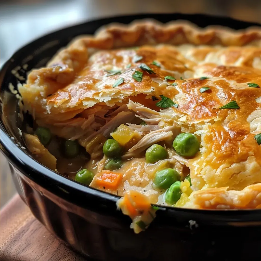 A close-up side view of a golden-brown smoked chicken pot pie with visible flaky crust.