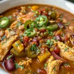 ['A close-up view of a bowl filled with spicy chicken chili stew showcasing vibrant colors of jalapeños, beans, and chicken pieces.', 'A side view photograph of a hearty spicy chicken chili stew with visible chunks of chicken and vegetables.', "A detailed close-up of spicy chicken chili stew featuring diced jalapeños, beans, and garnishes, capturing the dish's texture.", 'A vibrant side view of a steaming bowl of spicy chicken chili stew, highlighting its rich color and chunky ingredients.']
