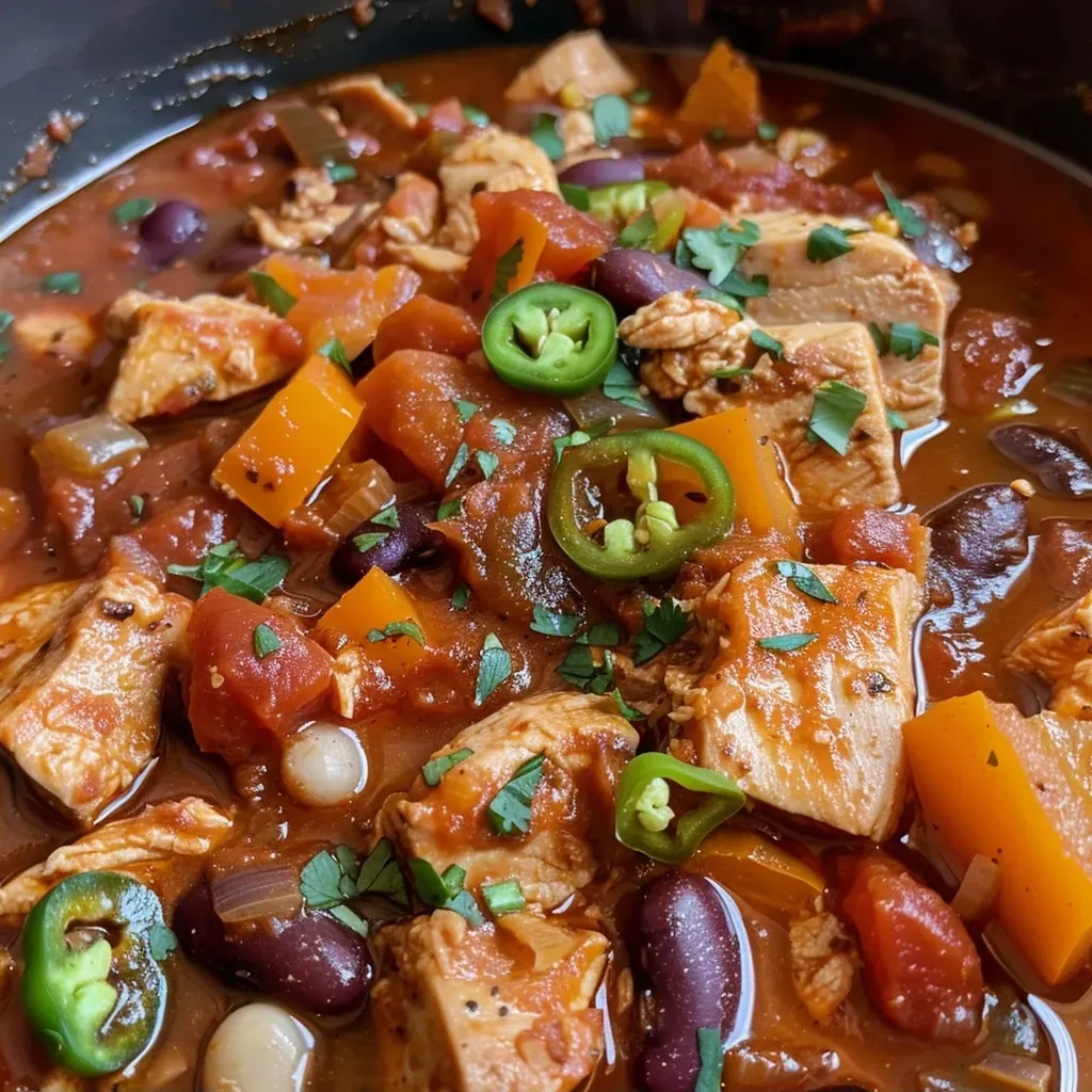 ['A close-up view of a bowl filled with spicy chicken chili stew showcasing vibrant colors of jalapeños, beans, and chicken pieces.', 'A side view photograph of a hearty spicy chicken chili stew with visible chunks of chicken and vegetables.', 
