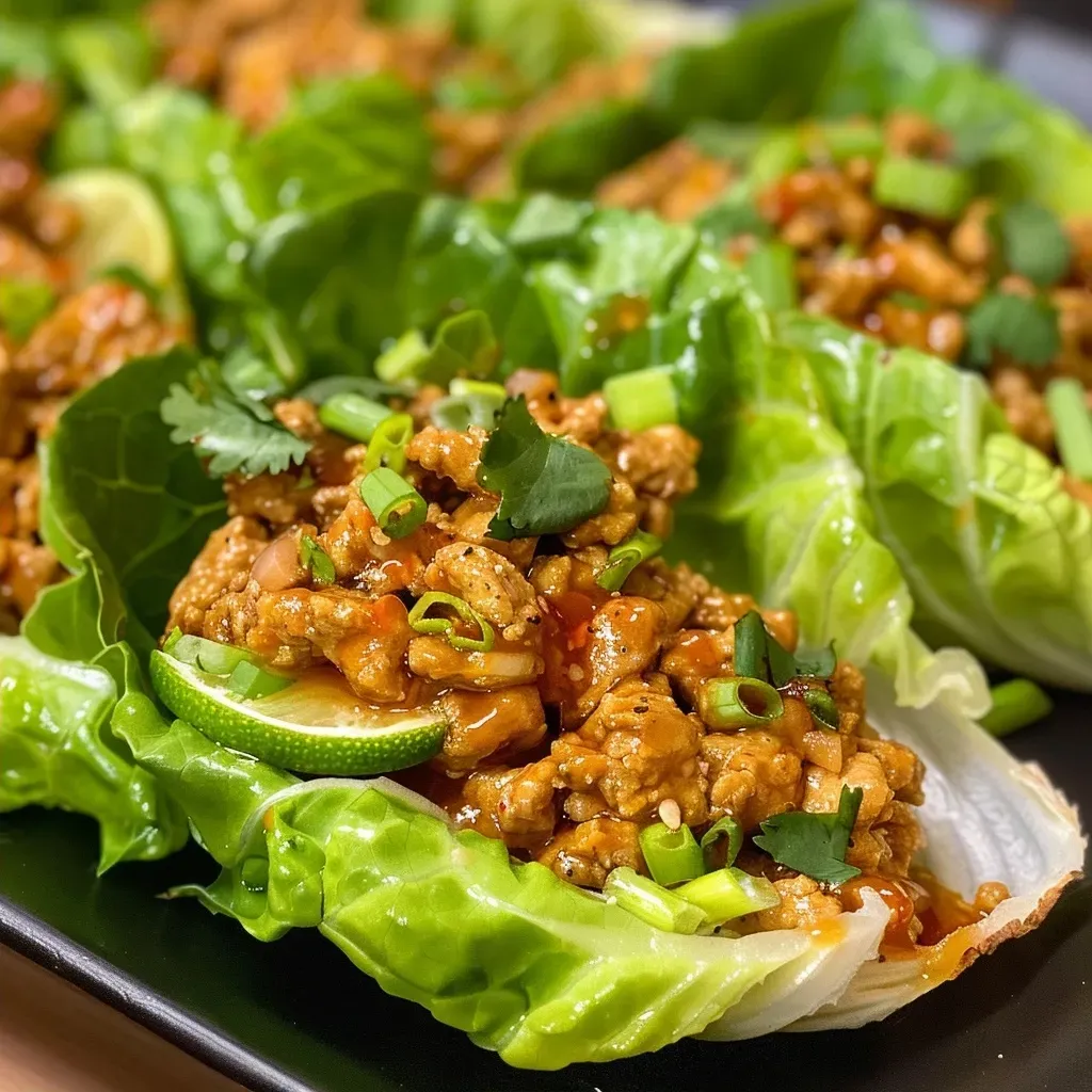 ['Close-up image of Spicy Chicken Lettuce Wraps, showcasing vibrant ingredients and textures.', 'Side view of juicy Spicy Chicken Lettuce Wraps arranged on a plate with fresh herbs.', 'Detailed shot of Spicy Chicken Lettuce Wraps, highlighting ground chicken and scallions in lettuce leaves.', 'Colorful presentation of Spicy Chicken Lettuce Wraps with lime wedges and sliced scallions.']