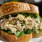 ['Close-up view of a spicy chicken salad sandwich on sourdough bread, garnished with greens.', 'Side view of a juicy spicy chicken salad sandwich with Gruyere cheese and arugula.', 'Sourdough honey wheat sandwich filled with colorful spicy chicken salad and fresh vegetables.', 'Detailed view of a sandwich showcasing spicy chicken salad, cheese, and lettuce on rustic bread.']