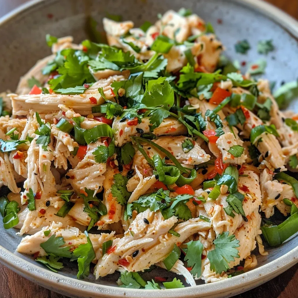 ['A side view of a colorful Spicy Chicken Salad served in a bowl.', 'Close-up of a vibrant Spicy Chicken Salad showcasing fresh ingredients.', 'A detailed view of Spicy Chicken Salad highlighting juicy chicken and herbs.', 'A visually appealing Spicy Chicken Salad with bright vegetables and creamy dressing.']