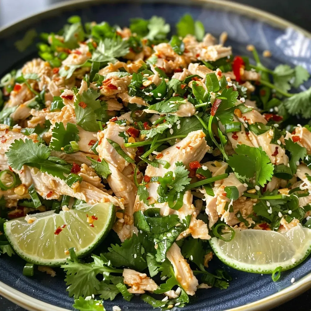 A side view of a colorful Spicy Chicken Salad served in a bowl.