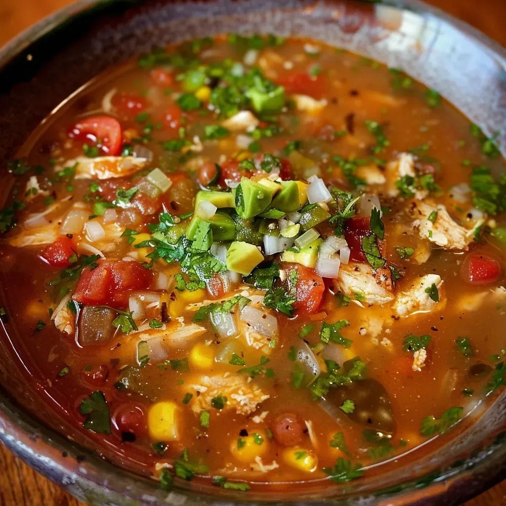 ['Close-up of a bowl of spicy chicken soup with colorful garnishes.', 'Juicy chicken soup filled with tomatoes, corn, and a sprinkle of cilantro.', 'Side view of a hearty chicken soup with vibrant ingredients and steam rising.', 'Delicious spicy chicken soup garnished with avocado and cheese.']