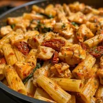 ['A close-up view of a bowl of Spicy Tuscan Chicken Pasta with vibrant colors.', 'Side view of Spicy Tuscan Chicken Pasta, showcasing sun-dried tomatoes and creamy sauce.', 'Juicy pieces of chicken and spinach mixed with pasta in a bowl.', 'A delicious serving of Spicy Tuscan Chicken Pasta with grated parmesan on top.']