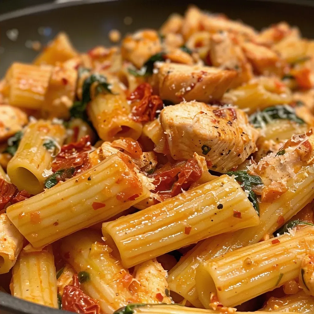 ['A close-up view of a bowl of Spicy Tuscan Chicken Pasta with vibrant colors.', 'Side view of Spicy Tuscan Chicken Pasta, showcasing sun-dried tomatoes and creamy sauce.', 'Juicy pieces of chicken and spinach mixed with pasta in a bowl.', 'A delicious serving of Spicy Tuscan Chicken Pasta with grated parmesan on top.']