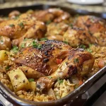 ['Close-up view of stewed chicken with rice on a plate, garnished with vegetables.', 'Juicy pieces of chicken thighs nestled on a bed of fluffy rice, showcasing vibrant colors.', 'A side view of a steaming bowl of stewed chicken and rice, highlighting the ingredients.', 'Deliciously plated stewed chicken and rice garnished with diced vegetables.']