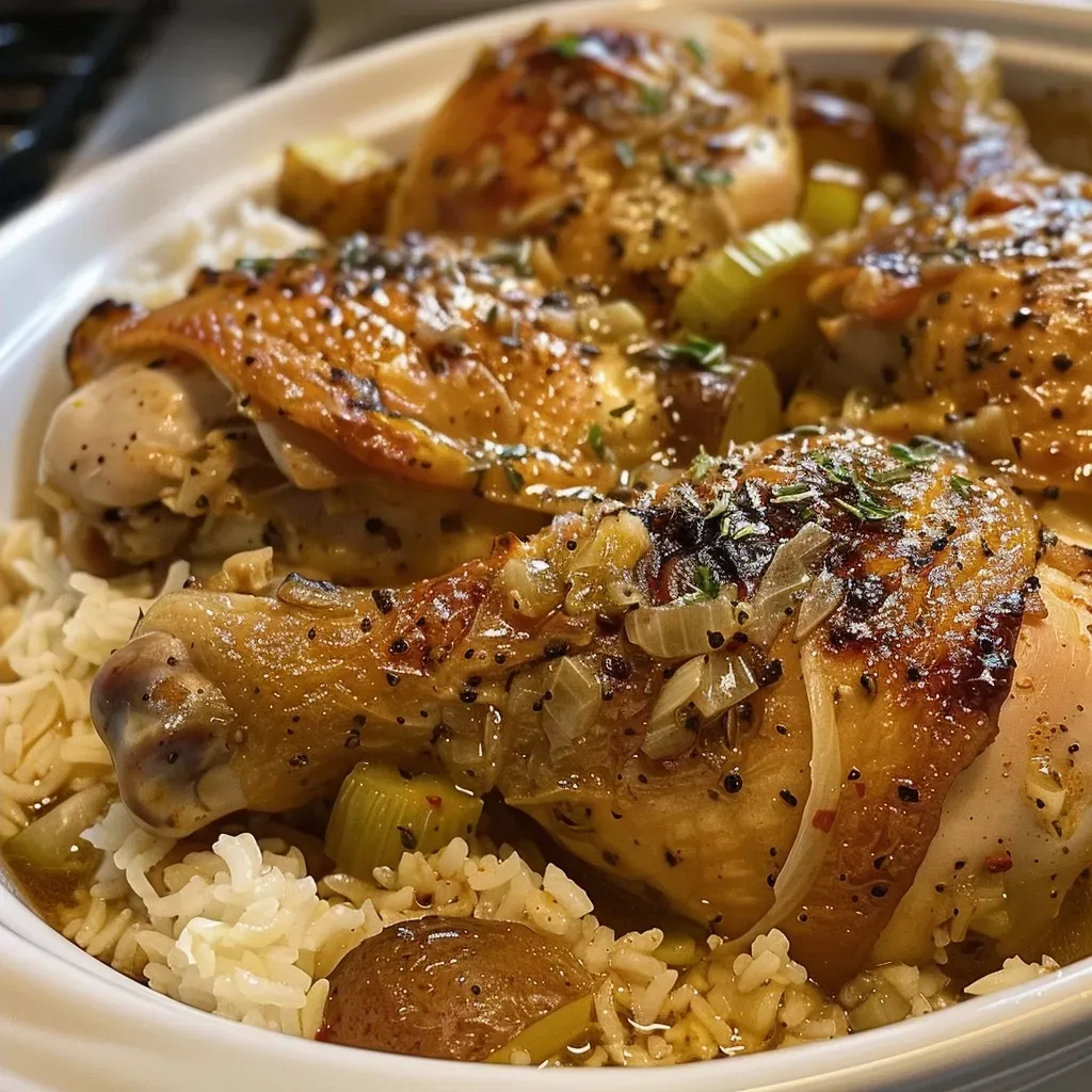 ['Close-up view of stewed chicken with rice on a plate, garnished with vegetables.', 'Juicy pieces of chicken thighs nestled on a bed of fluffy rice, showcasing vibrant colors.', 'A side view of a steaming bowl of stewed chicken and rice, highlighting the ingredients.', 'Deliciously plated stewed chicken and rice garnished with diced vegetables.']