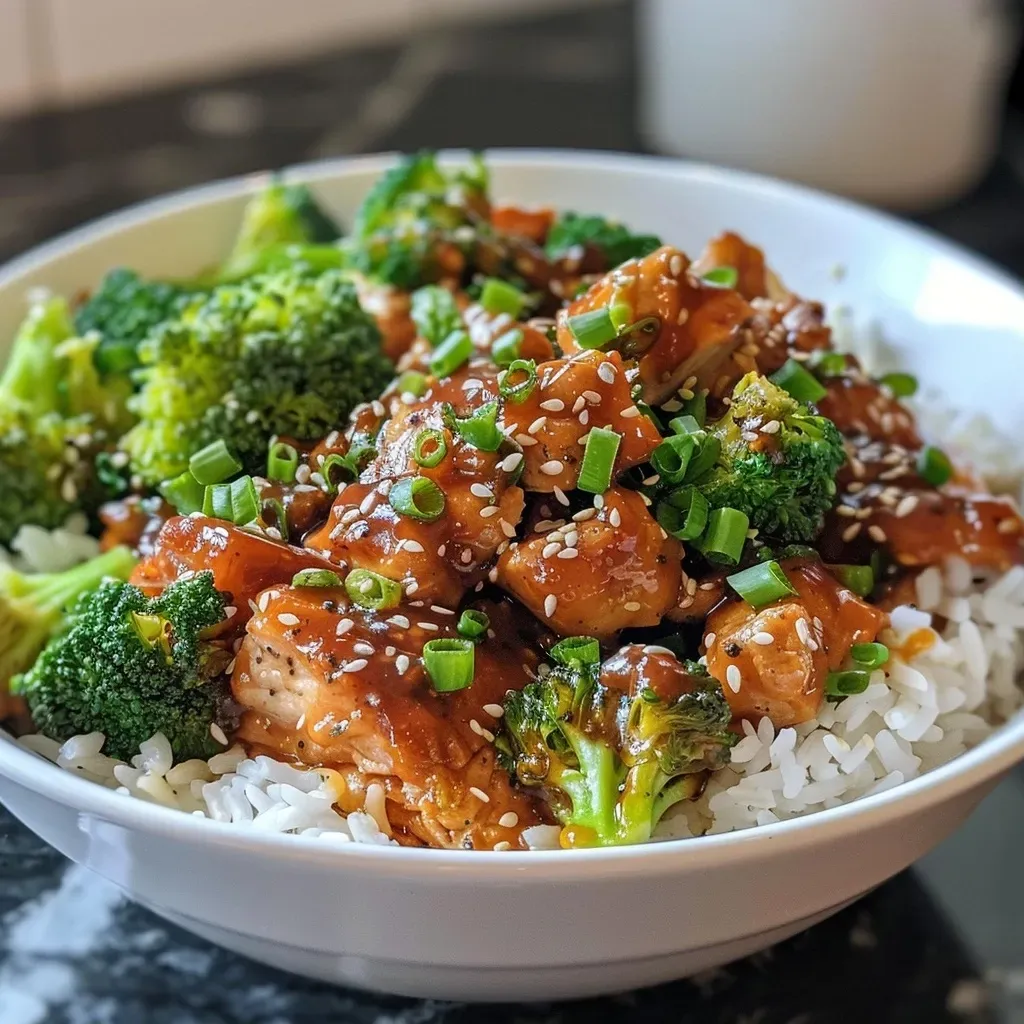 ['Close-up of a colorful Sticky Chicken Rice Bowl with broccoli, juicy chicken, and sesame seeds.', 'Side view of a Sticky Chicken Rice Bowl featuring vibrant ingredients, including chicken, rice, and broccoli.', 'A delicious bowl of Sticky Chicken Rice topped with sesame seeds and surrounded by fresh broccoli.', 'Detailed view of a Sticky Chicken Rice Bowl, showcasing tender chicken, rice, and chopped vegetables.']