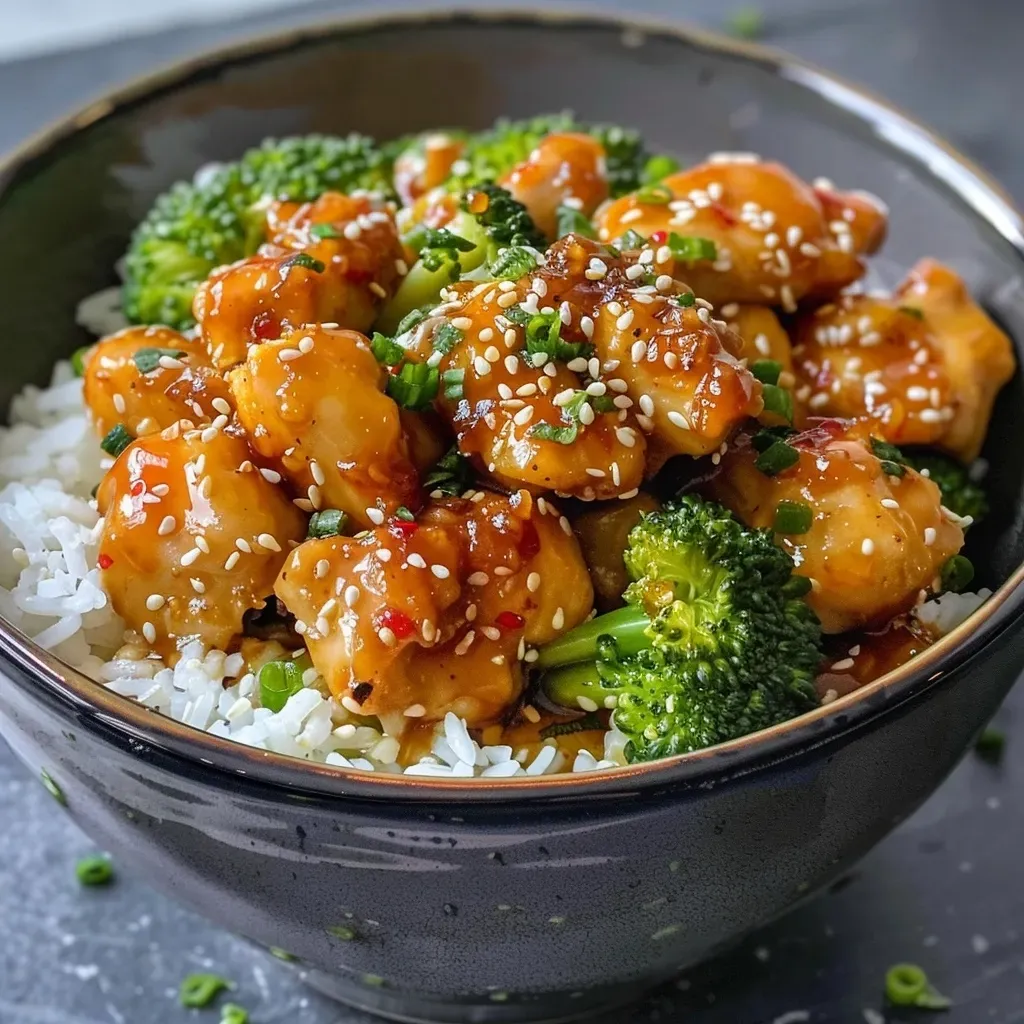 ['Close-up of a colorful Sticky Chicken Rice Bowl with broccoli, juicy chicken, and sesame seeds.', 'Side view of a Sticky Chicken Rice Bowl featuring vibrant ingredients, including chicken, rice, and broccoli.', 'A delicious bowl of Sticky Chicken Rice topped with sesame seeds and surrounded by fresh broccoli.', 'Detailed view of a Sticky Chicken Rice Bowl, showcasing tender chicken, rice, and chopped vegetables.']