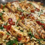 ['Close-up of creamy Sun-Dried Tomato Chicken Orzo in a serving dish.', 'Side view of a delicious one-pan meal featuring chicken, orzo, and sun-dried tomatoes.', 'Juicy chicken and orzo pasta garnished with spinach and herbs in a bowl.', 'Colorful dish of Sun-Dried Tomato Chicken Orzo showcasing creamy sauce and fresh ingredients.']