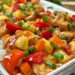['A close-up side view of a Sweet and Sour Chicken Casserole, showcasing vibrant colors and juicy ingredients.', 'A detailed image of Sweet and Sour Chicken Casserole, highlighting chicken, bell peppers, and pineapple in a creamy sauce.', 'A close-up photograph of a casserole dish filled with Sweet and Sour Chicken, featuring bright bell peppers and pineapple.', 'Side view of a steaming Sweet and Sour Chicken Casserole, with colorful vegetables and chicken visible.']