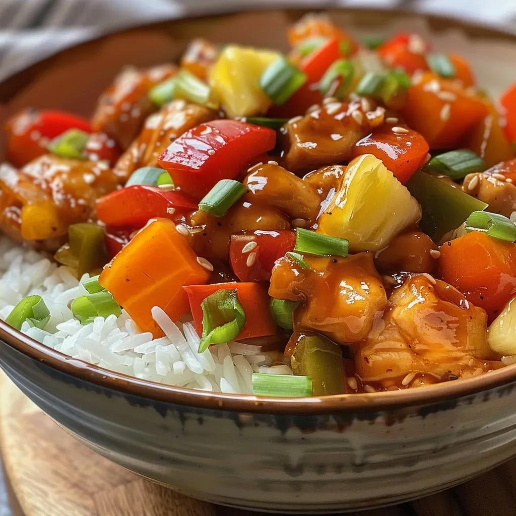 A close-up side view of a Sweet and Sour Chicken Casserole, showcasing vibrant colors and juicy ingredients.