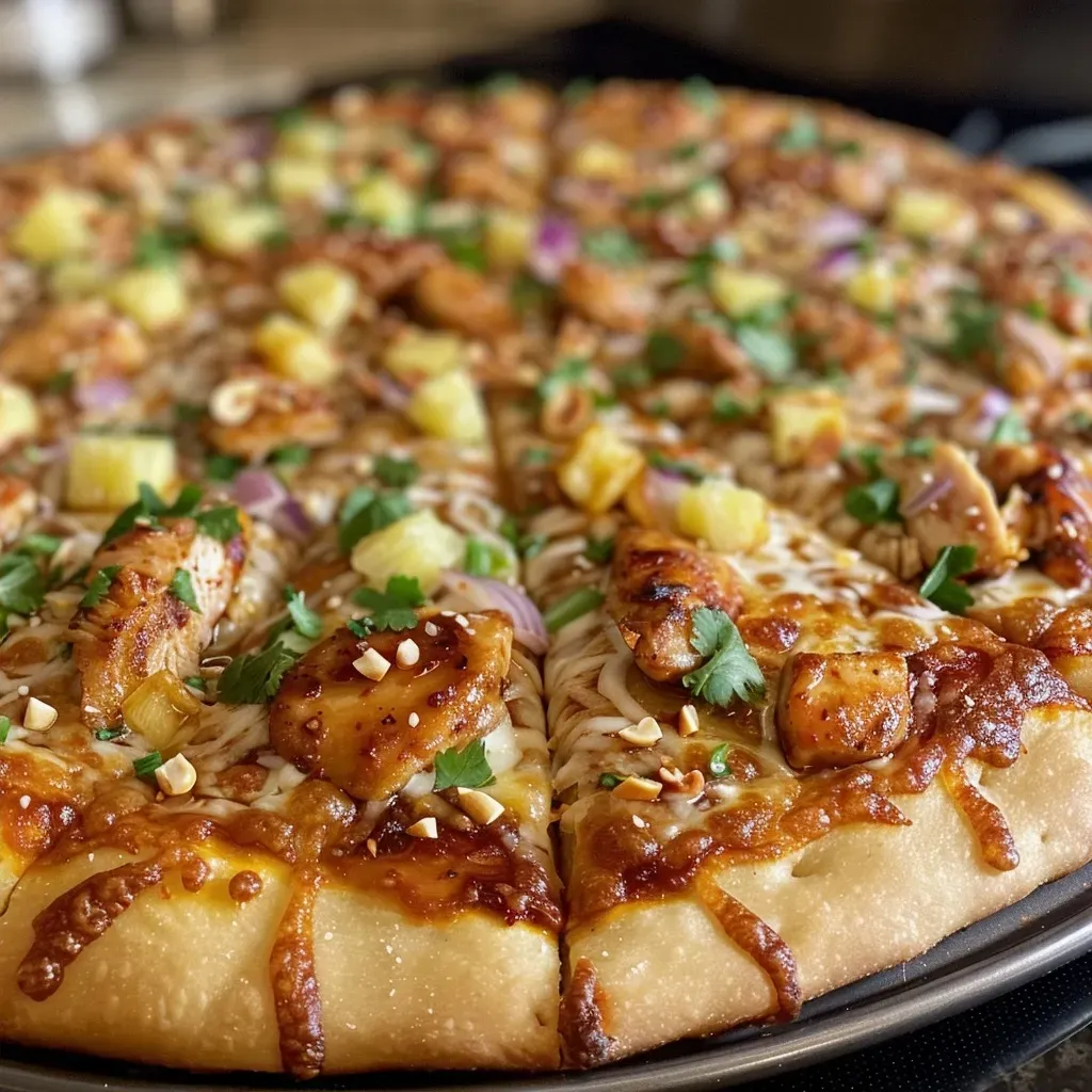 ['Close-up view of Sweet Chili Garlic Chicken Pizza topped with colorful ingredients.', 'Juicy Sweet Chili Garlic Chicken Pizza with vibrant toppings and melted cheese.', 'Side view of a pizza loaded with chicken, pineapple, and fresh vegetables.', 'Sweet Chili Garlic Chicken Pizza featuring a golden crust and garnishes.']