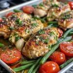 ['A mouthwatering Tuscan Chicken Sheet Pan Supper featuring juicy chicken, vibrant tomatoes, and green beans.', 'Close-up of a Tuscan Chicken Sheet Pan Supper, showcasing tender chicken and colorful vegetables.', 'Side view of a delicious Tuscan chicken dinner with bright Roma tomatoes and fresh green beans.', 'Juicy Tuscan Chicken surrounded by halved tomatoes and green beans on a sheet pan.']