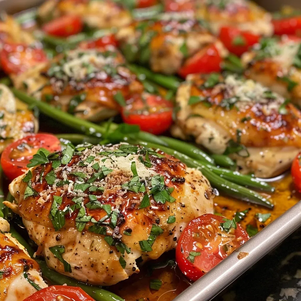 ['A mouthwatering Tuscan Chicken Sheet Pan Supper featuring juicy chicken, vibrant tomatoes, and green beans.', 'Close-up of a Tuscan Chicken Sheet Pan Supper, showcasing tender chicken and colorful vegetables.', 'Side view of a delicious Tuscan chicken dinner with bright Roma tomatoes and fresh green beans.', 'Juicy Tuscan Chicken surrounded by halved tomatoes and green beans on a sheet pan.']