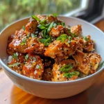 ['Close-up of juicy High-Protein Honey Sriracha Chicken garnished with green onions and sesame seeds.', 'Side view of tender chicken pieces coated in honey sriracha sauce, with a sprinkle of sesame seeds.', 'Mouthwatering High-Protein Honey Sriracha Chicken on a plate, showcasing its glossy sauce and fresh garnishes.', 'Deliciously drizzled honey sriracha chicken pieces, highlighted by green onions and sesame seeds.']