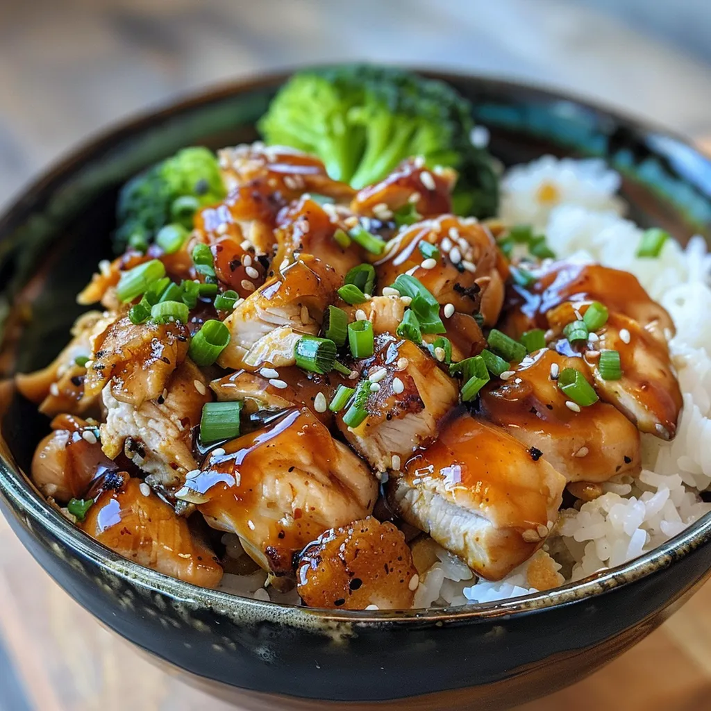 ['Close-up view of Teriyaki Chicken Rice Bowl with chicken pieces, broccoli, and rice.', 'Side view of a delicious Teriyaki Chicken Rice Bowl showing vibrant ingredients.', 'Juicy Teriyaki Chicken served over rice with steamed broccoli in a bowl.', 'Colorful, appetizing Teriyaki Chicken Rice Bowl filled with chicken and vegetables.']