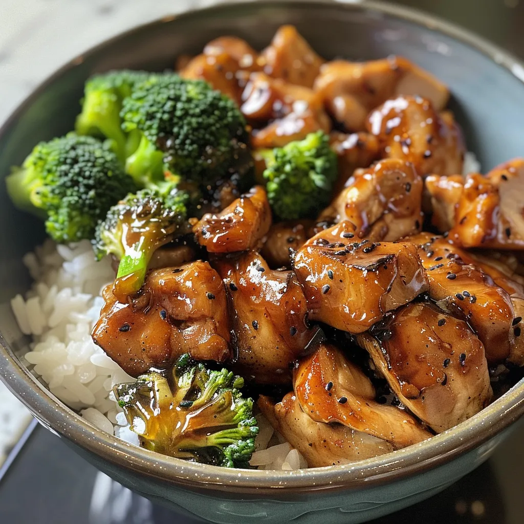 ['Close-up view of Teriyaki Chicken Rice Bowl with chicken pieces, broccoli, and rice.', 'Side view of a delicious Teriyaki Chicken Rice Bowl showing vibrant ingredients.', 'Juicy Teriyaki Chicken served over rice with steamed broccoli in a bowl.', 'Colorful, appetizing Teriyaki Chicken Rice Bowl filled with chicken and vegetables.']