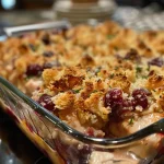 ['Close-up of a juicy Cranberry Chicken Casserole with a golden-brown crust.', 'Side view of a serving of Cranberry Chicken Casserole garnished with herbs.', 'Deliciously baked Cranberry Chicken Casserole in a dish, showcasing its vibrant colors.', 'Freshly made Cranberry Chicken Casserole, highlighting its juicy chicken and cranberry sauce.']