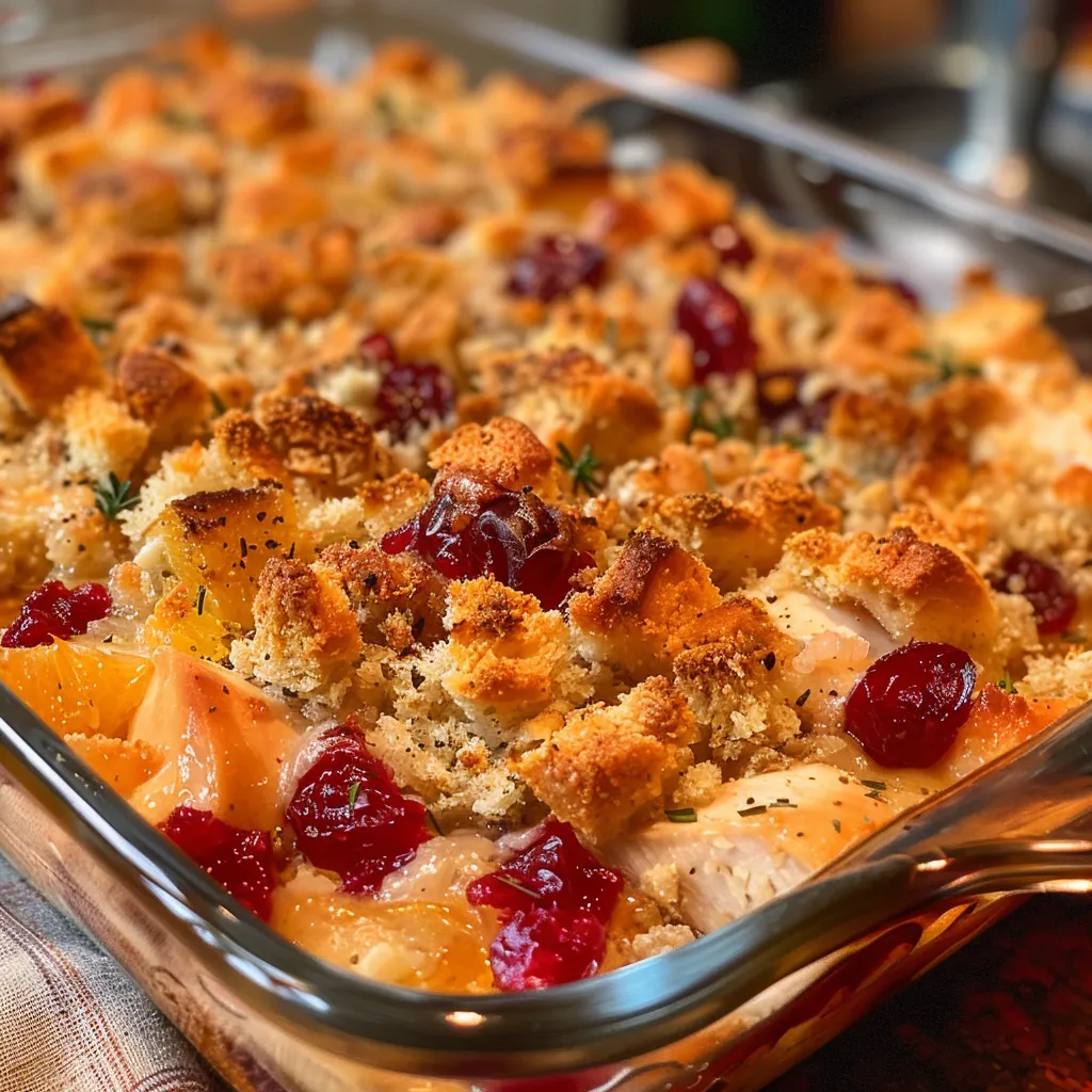 Close-up of a juicy Cranberry Chicken Casserole with a golden-brown crust.