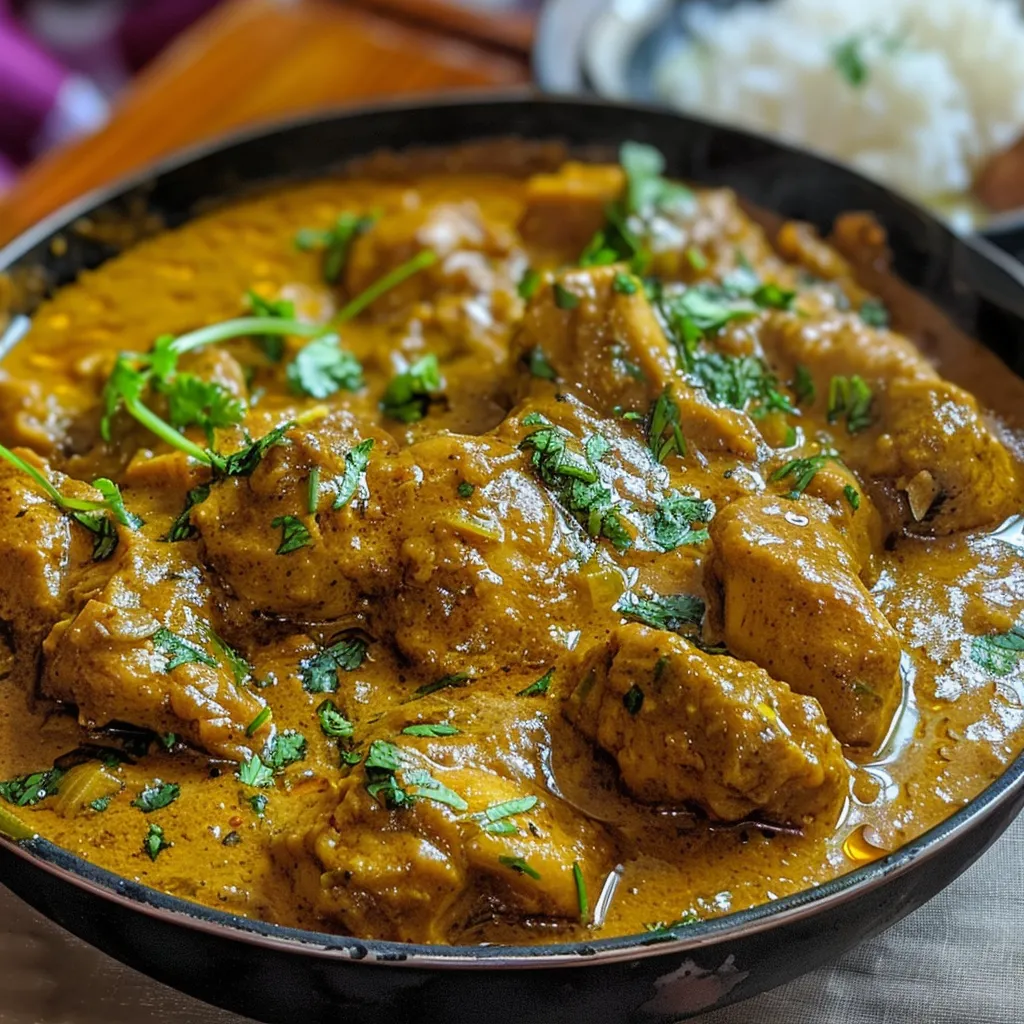 ['A close-up side view of Smoky Chicken Curry, showcasing tender pieces of chicken in a rich, aromatic sauce.', 'Juicy Smoky Chicken Curry presented in a bowl, with vibrant spices and herbs visible.', 'Side view of a creamy Smoky Chicken Curry, highlighting chunks of chicken and a glossy finish.', 'A detailed close-up of Smoky Chicken Curry, featuring a blend of spices and a hint of coconut milk.']