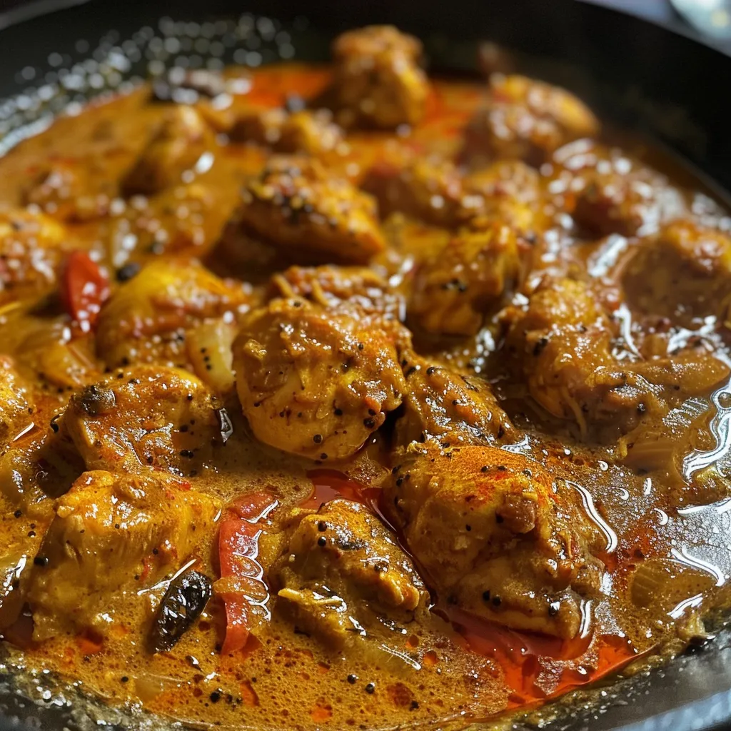 ['A close-up side view of Smoky Chicken Curry, showcasing tender pieces of chicken in a rich, aromatic sauce.', 'Juicy Smoky Chicken Curry presented in a bowl, with vibrant spices and herbs visible.', 'Side view of a creamy Smoky Chicken Curry, highlighting chunks of chicken and a glossy finish.', 'A detailed close-up of Smoky Chicken Curry, featuring a blend of spices and a hint of coconut milk.']