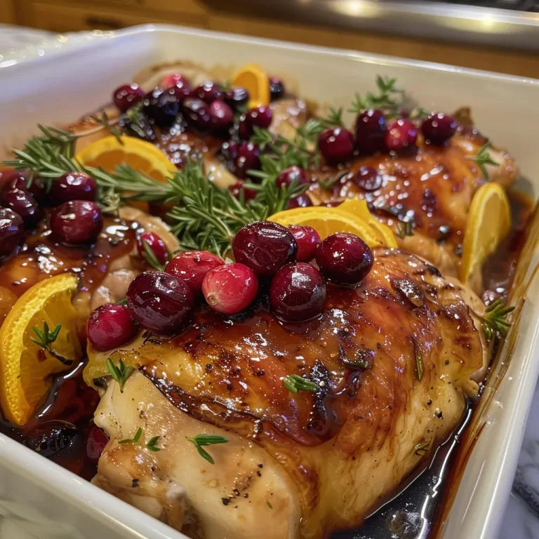 ['Juicy baked chicken thighs garnished with cranberries and orange slices.', 'Close-up view of Cranberry Baked Chicken Thighs on a plate with sauce.', 'Succulent chicken thighs surrounded by fresh cranberries and herbs.', 'Oven-baked chicken thighs with a glossy cranberry glaze and orange.']