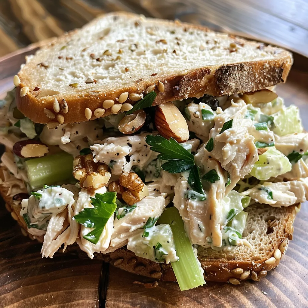 ['A close-up side view of a healthy chicken salad sandwich filled with colorful ingredients.', 'Juicy healthy chicken salad sandwich showcasing shredded chicken and fresh vegetables.', 'Side profile of a vibrant chicken salad sandwich, emphasizing its fresh ingredients.', 'Detailed view of a chicken salad sandwich packed with nuts, fruits, and herbs.']