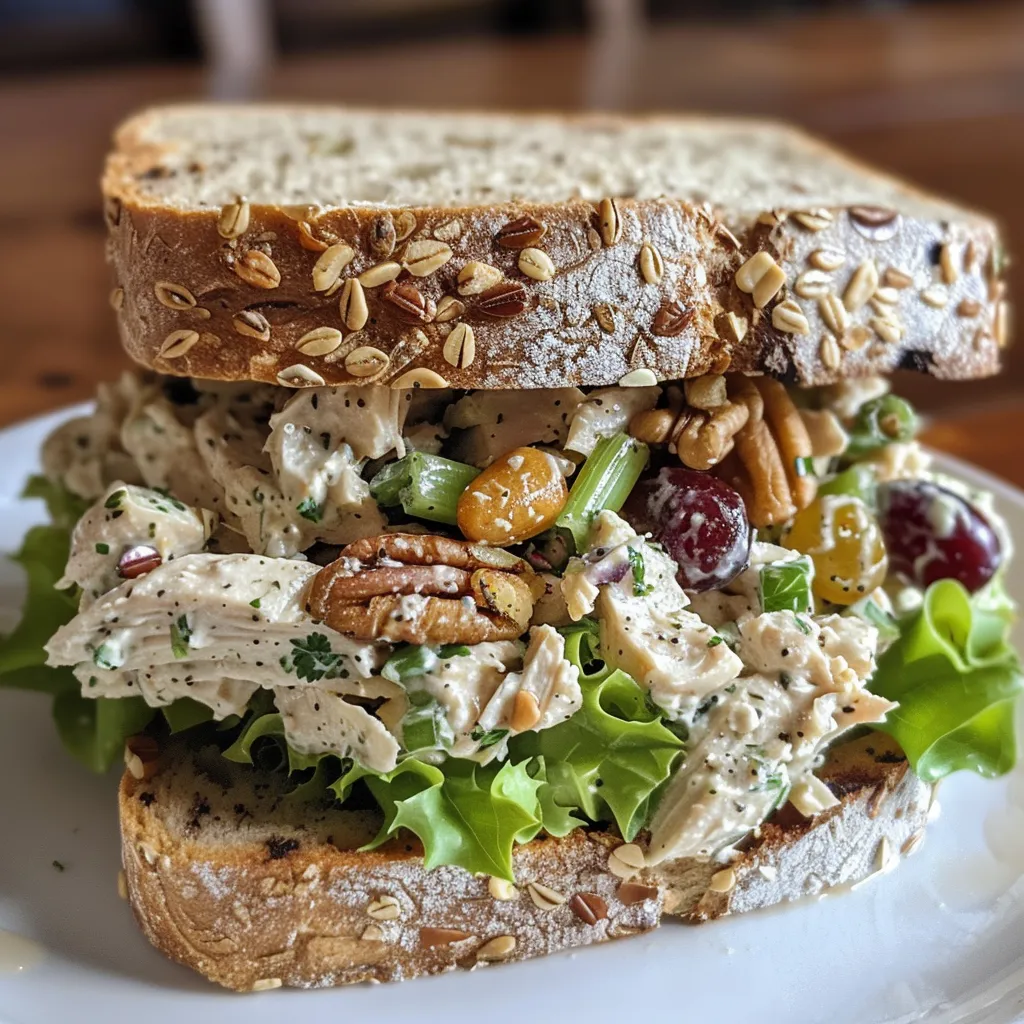 A close-up side view of a healthy chicken salad sandwich filled with colorful ingredients.