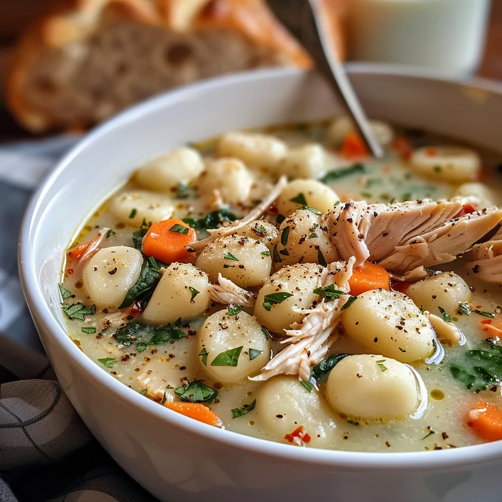['Close-up view of creamy gnocchi soup with chicken and vegetables.', 'Bowl of rotisserie chicken gnocchi soup, showcasing vibrant colors of spinach and carrots.', 'Side view of a hearty chicken gnocchi soup filled with herbs and creamy broth.', 'Delicious soup featuring gnocchi, shredded chicken, and fresh vegetables in a rich broth.']