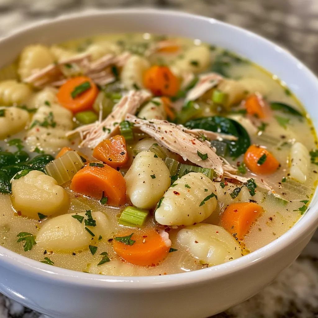 Close-up view of creamy gnocchi soup with chicken and vegetables.