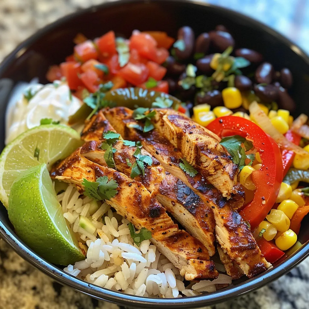 ['A vibrant close-up of a healthy chicken fajita bowl with colorful vegetables and rice.', 'A side view of a healthy chicken fajita bowl filled with sliced chicken, peppers, and black beans.', 'A delicious chicken fajita bowl showcasing sautéed veggies and rice in a colorful arrangement.', 'A nutritious bowl featuring tender chicken, bell peppers, and corn, garnished with lime.']