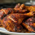 ['Juicy smoked chicken BBQ, showcasing a golden-brown exterior with grill marks.', 'Close-up of two halves of smoked chicken on a wooden board, glistening with BBQ sauce.', 'Side view of succulent smoked chicken BBQ, highlighting tender meat and spices.', 'Detailed view of smoked chicken BBQ, featuring a crispy skin and rich sauce coating.']