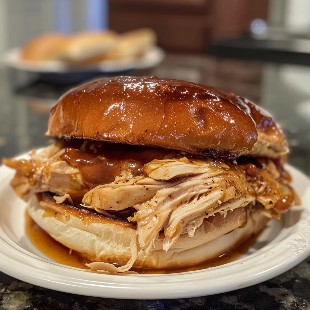 ['Juicy slow cooker chicken sandwich on a brioche bun, with visible shredded chicken and sauce.', 'Side view of a delicious slow cooker chicken sandwich, showcasing the tender meat and toppings.', 'Close-up of a homemade chicken sandwich, highlighting the flavorful ingredients and toasted bun.', 'Tantalizing slow cooker chicken sandwich with a golden brioche bun, garnished and ready to serve.']