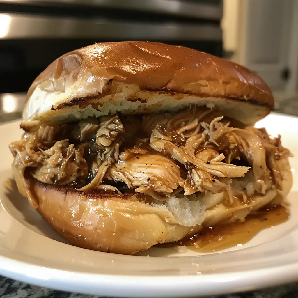 ['Juicy slow cooker chicken sandwich on a brioche bun, with visible shredded chicken and sauce.', 'Side view of a delicious slow cooker chicken sandwich, showcasing the tender meat and toppings.', 'Close-up of a homemade chicken sandwich, highlighting the flavorful ingredients and toasted bun.', 'Tantalizing slow cooker chicken sandwich with a golden brioche bun, garnished and ready to serve.']