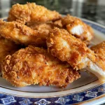 ['Close-up view of crispy chicken tenders on a plate, showcasing their golden-brown coating.', 'Side view of juicy chicken tenders, highlighting the crunchy texture and color.', 'Detailed shot of freshly fried chicken tenders, emphasizing their crispy exterior.', 'Platter of chicken tenders with a crispy crust, ready to be served.']