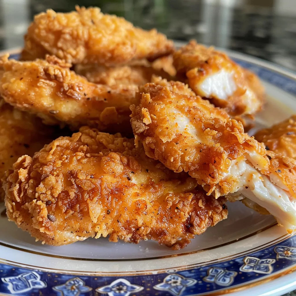 ['Close-up view of crispy chicken tenders on a plate, showcasing their golden-brown coating.', 'Side view of juicy chicken tenders, highlighting the crunchy texture and color.', 'Detailed shot of freshly fried chicken tenders, emphasizing their crispy exterior.', 'Platter of chicken tenders with a crispy crust, ready to be served.']