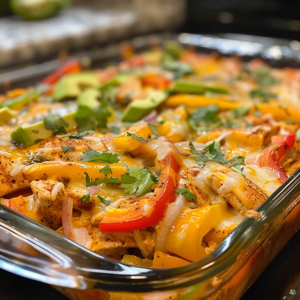 ['Close-up view of a creamy fajita chicken casserole with colorful bell peppers and melted cheese.', 'A side view of a delicious chicken casserole topped with cheddar cheese and sliced avocado.', 'Juicy chicken filled casserole with vibrant veggies and a creamy texture, garnished with avocado slices.', 'Creamy fajita chicken casserole ready to serve, showcasing layers of chicken, peppers, and cheese.']