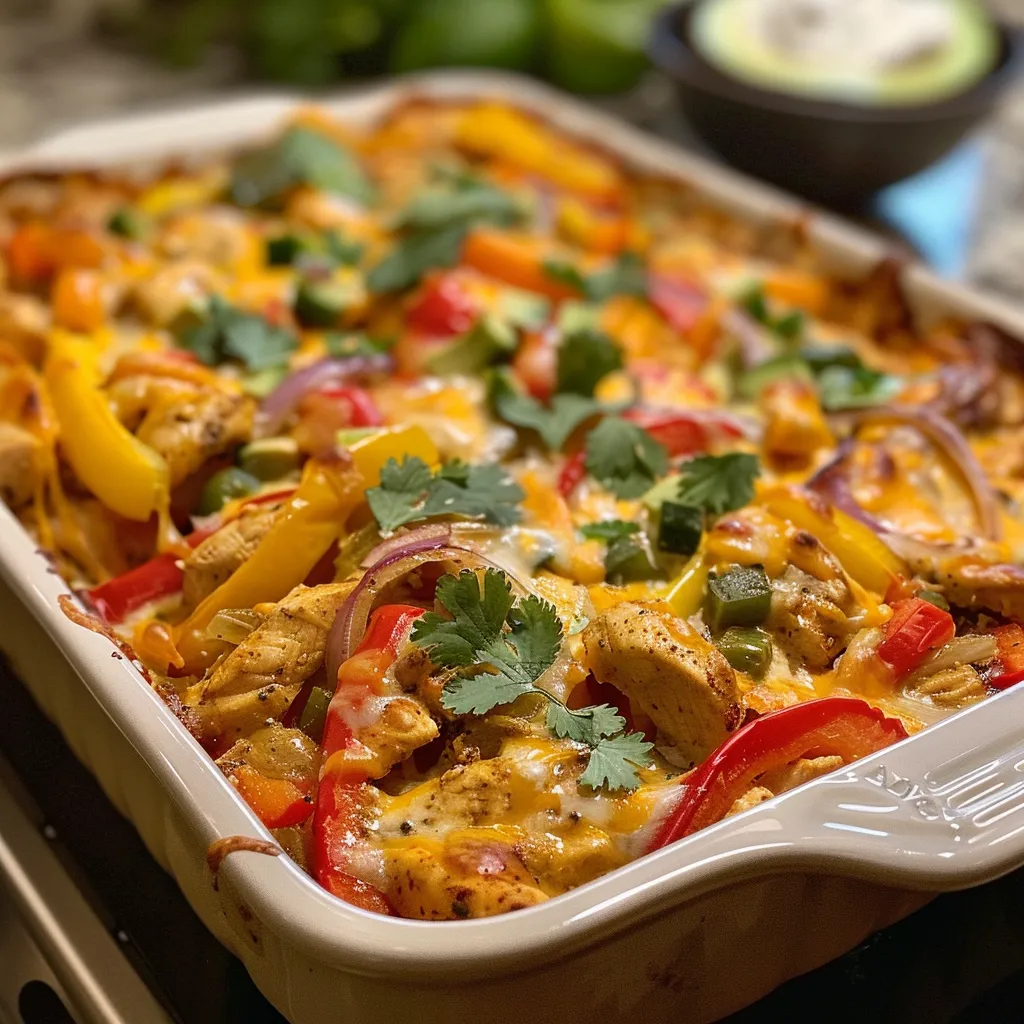 ['Close-up view of a creamy fajita chicken casserole with colorful bell peppers and melted cheese.', 'A side view of a delicious chicken casserole topped with cheddar cheese and sliced avocado.', 'Juicy chicken filled casserole with vibrant veggies and a creamy texture, garnished with avocado slices.', 'Creamy fajita chicken casserole ready to serve, showcasing layers of chicken, peppers, and cheese.']
