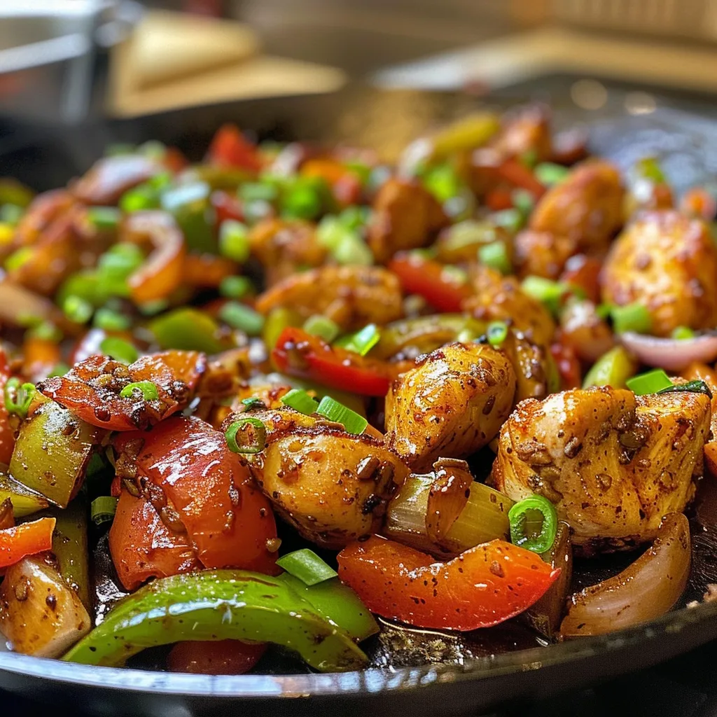 ['Juicy Cajun chicken skillet with colorful bell peppers in a cast-iron pan.', 'Close-up of a Cajun chicken dish featuring vibrant bell peppers and green onions.', 'A delicious Cajun chicken skillet filled with tender chicken and sautéed vegetables.', 'Side view of a savory Cajun chicken skillet, showcasing the spices and fresh ingredients.']