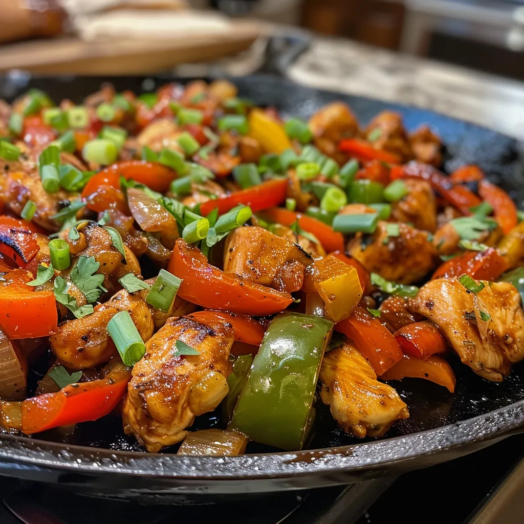 Juicy Cajun chicken skillet with colorful bell peppers in a cast-iron pan.