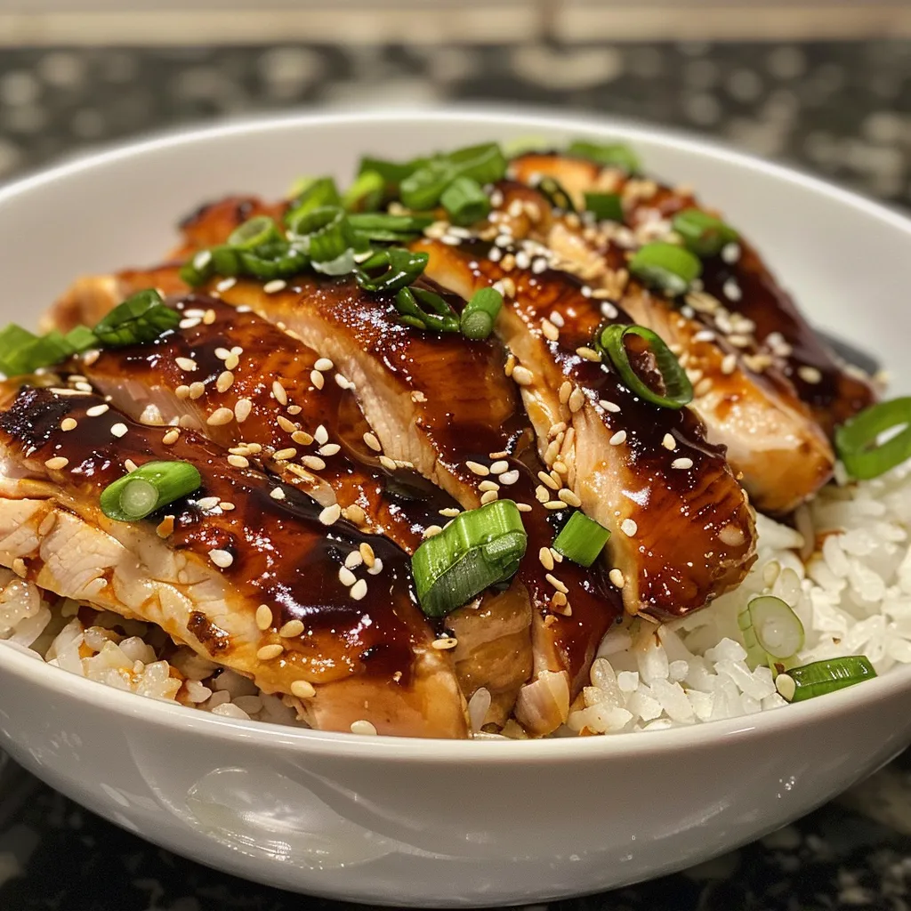 ['Juicy teriyaki chicken thighs served over fluffy white rice, garnished with green onions and sesame seeds.', 'Close-up view of teriyaki chicken with a glossy glaze on a bed of rice, sprinkled with sesame seeds and green onions.', 'Mouthwatering teriyaki chicken pieces alongside steaming rice, topped with fresh herbs and sesame.', 'Appetizing side view of juicy teriyaki chicken and rice, enhanced with a sprinkle of sesame seeds and chopped green onions.']