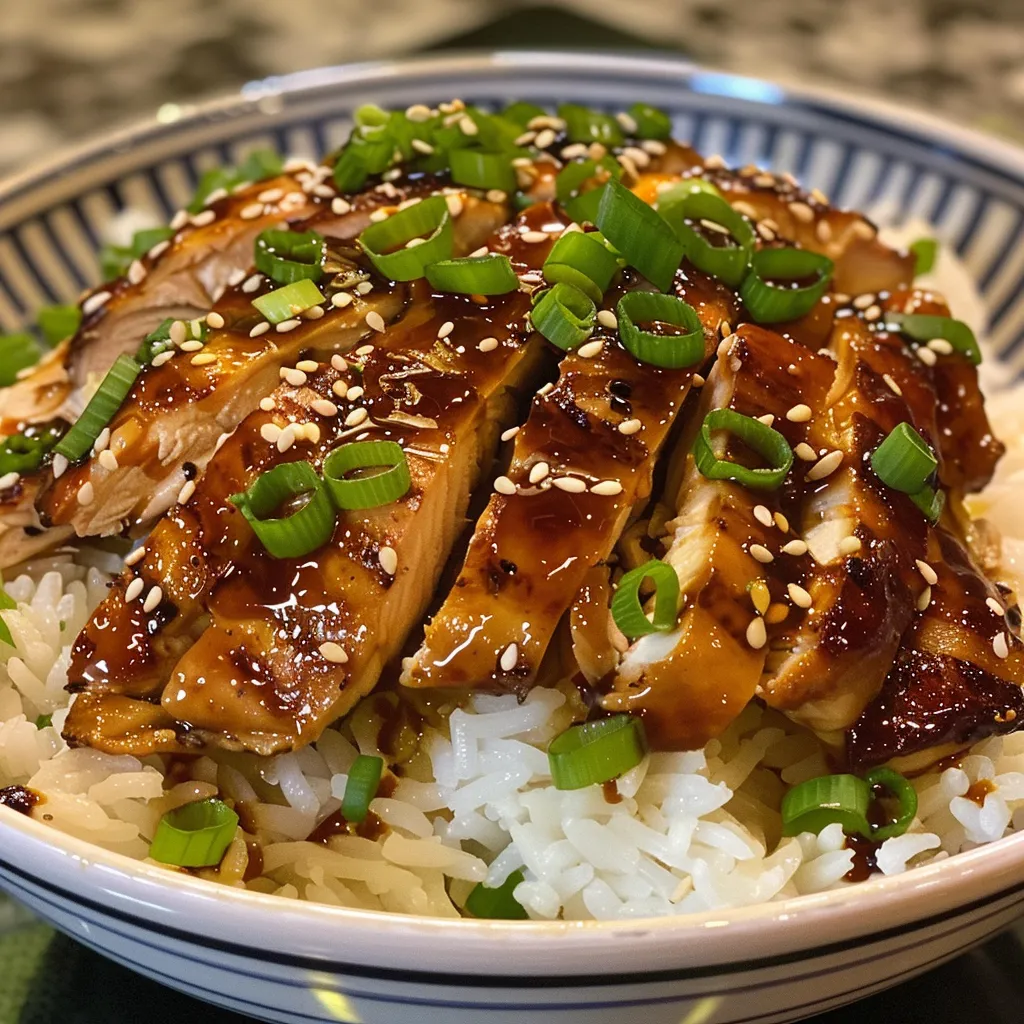 Juicy teriyaki chicken thighs served over fluffy white rice, garnished with green onions and sesame seeds.