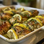 ['Close-up side view of juicy lemon chicken on a plate, garnished with herbs.', 'Detailed shot of seasoned lemon chicken breast with a glossy glaze.', 'Juicy lemon chicken fillets resting on a wooden cutting board, showing a golden crust.', 'Side view of perfectly cooked lemon chicken presented with lemon slices.']