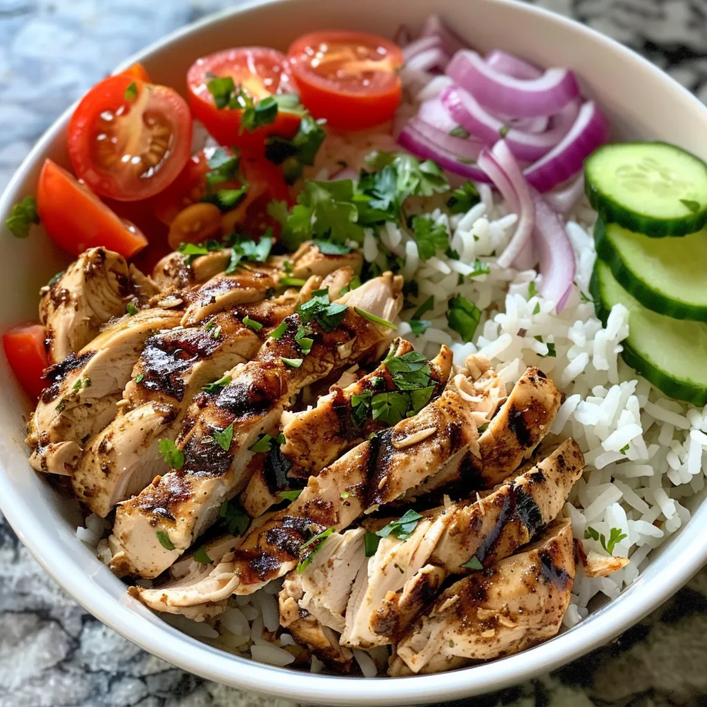['A close-up view of a Chicken Gyro Bowl with vibrant ingredients like diced cucumbers, cherry tomatoes, and creamy tzatziki.', 'Side view of a delicious Chicken Gyro Bowl, showcasing juicy chicken, rice, and colorful toppings.', 'An appetizing Chicken Gyro Bowl filled with chicken, fresh vegetables, and tzatziki sauce, presented in a rustic bowl.', 'A delectable bowl of Chicken Gyro featuring tender chicken, rice, and a dollop of creamy tzatziki, garnished with parsley.']