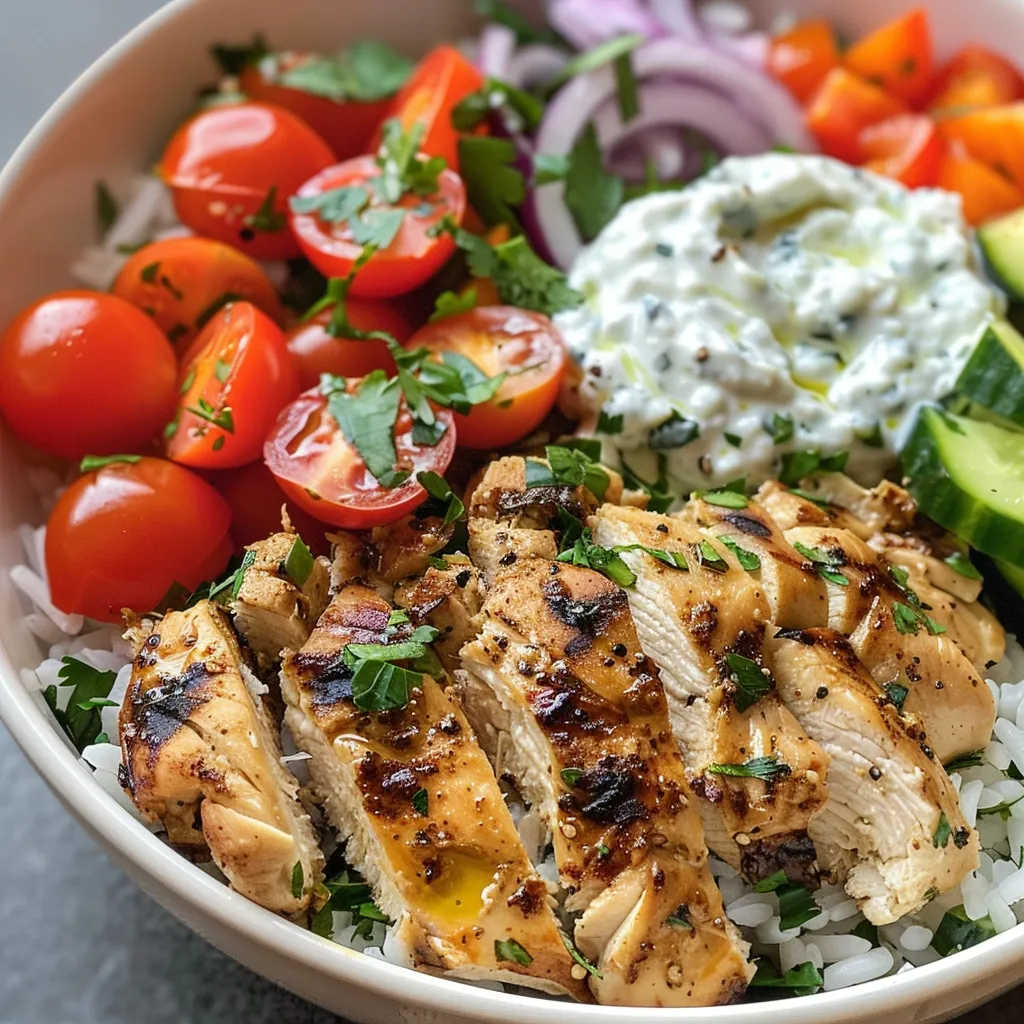 ['A close-up view of a Chicken Gyro Bowl with vibrant ingredients like diced cucumbers, cherry tomatoes, and creamy tzatziki.', 'Side view of a delicious Chicken Gyro Bowl, showcasing juicy chicken, rice, and colorful toppings.', 'An appetizing Chicken Gyro Bowl filled with chicken, fresh vegetables, and tzatziki sauce, presented in a rustic bowl.', 'A delectable bowl of Chicken Gyro featuring tender chicken, rice, and a dollop of creamy tzatziki, garnished with parsley.']