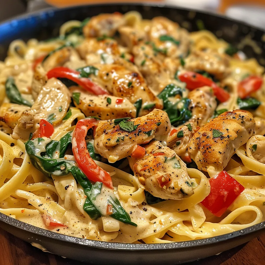 ['Close-up view of a creamy Jerk Chicken Alfredo dish with colorful bell peppers and spinach.', 'Side view of a bowl filled with Jerk Chicken Alfredo topped with herbs and spices.', 'Juicy Jerk Chicken Alfredo featuring pasta, grilled chicken, and vibrant vegetables visible.', 'Delicious plate of Jerk Chicken Alfredo showcasing chicken, creamy sauce, and fresh greens.']