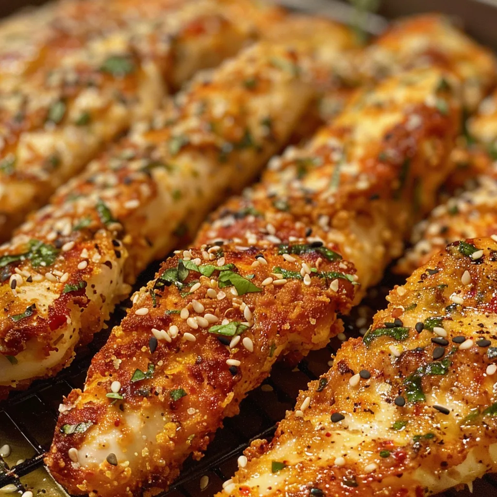 ['Close-up view of juicy Italian chicken tenders with sesame seeds and herbs.', 'Side angle of oven-baked chicken tenders garnished with Parmesan and spices.', 'Delicious-looking chicken tenders, lightly golden and sprinkled with herbs.', 'Juicy, bread-free chicken tenders served on a plate, showcasing their seasoning.']