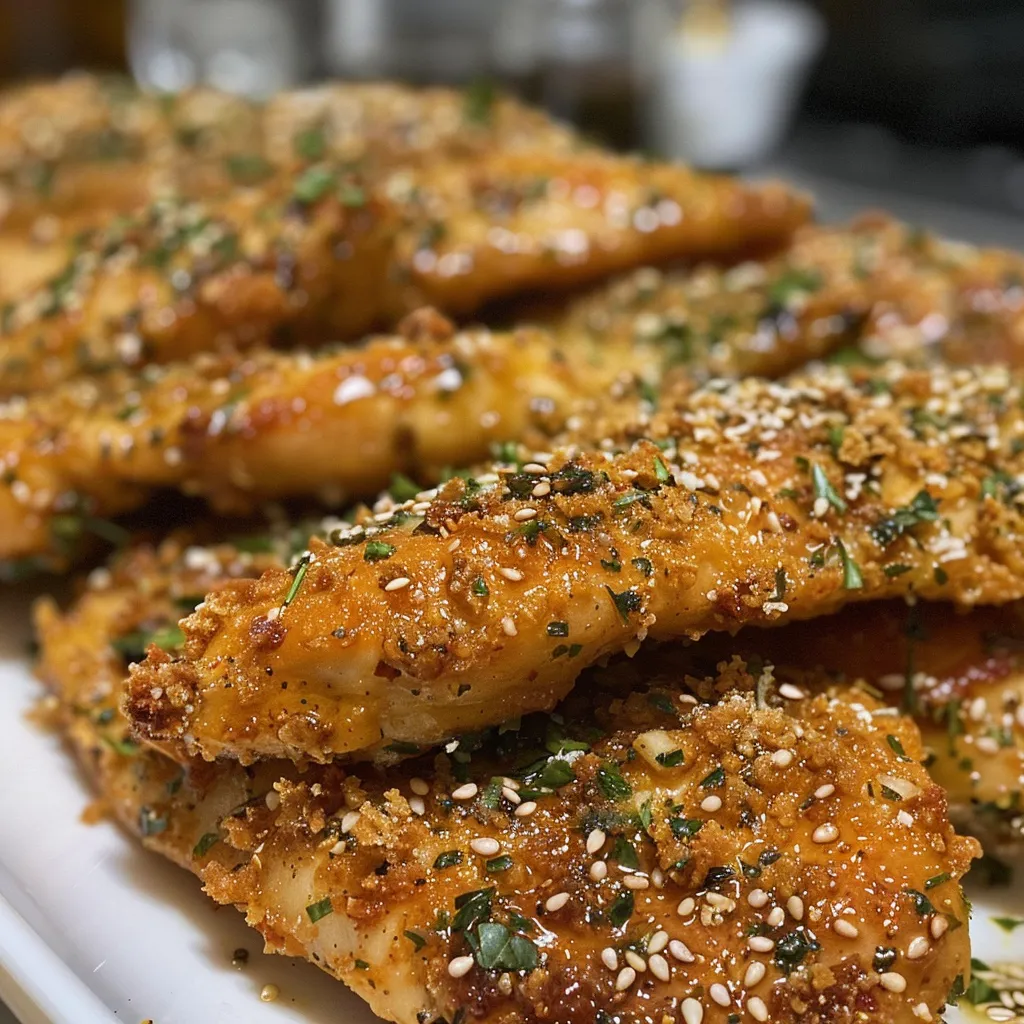 Close-up view of juicy Italian chicken tenders with sesame seeds and herbs.
